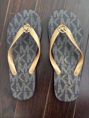 Michael Kors Black & Gold MK Logo Flip Flop Sandals